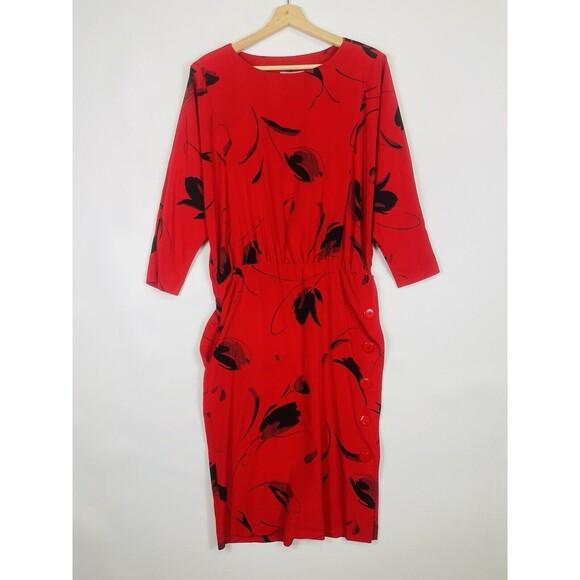 On The Rocks Vintage Red Black Graphic Print 80s Secretary‎ Dress Womens 7 8 - Picture 1 of 13